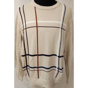 Dockers Mens XL Tan Beige Striped Crew Neck Knit 100% Cotton Long Sleeve Sweater